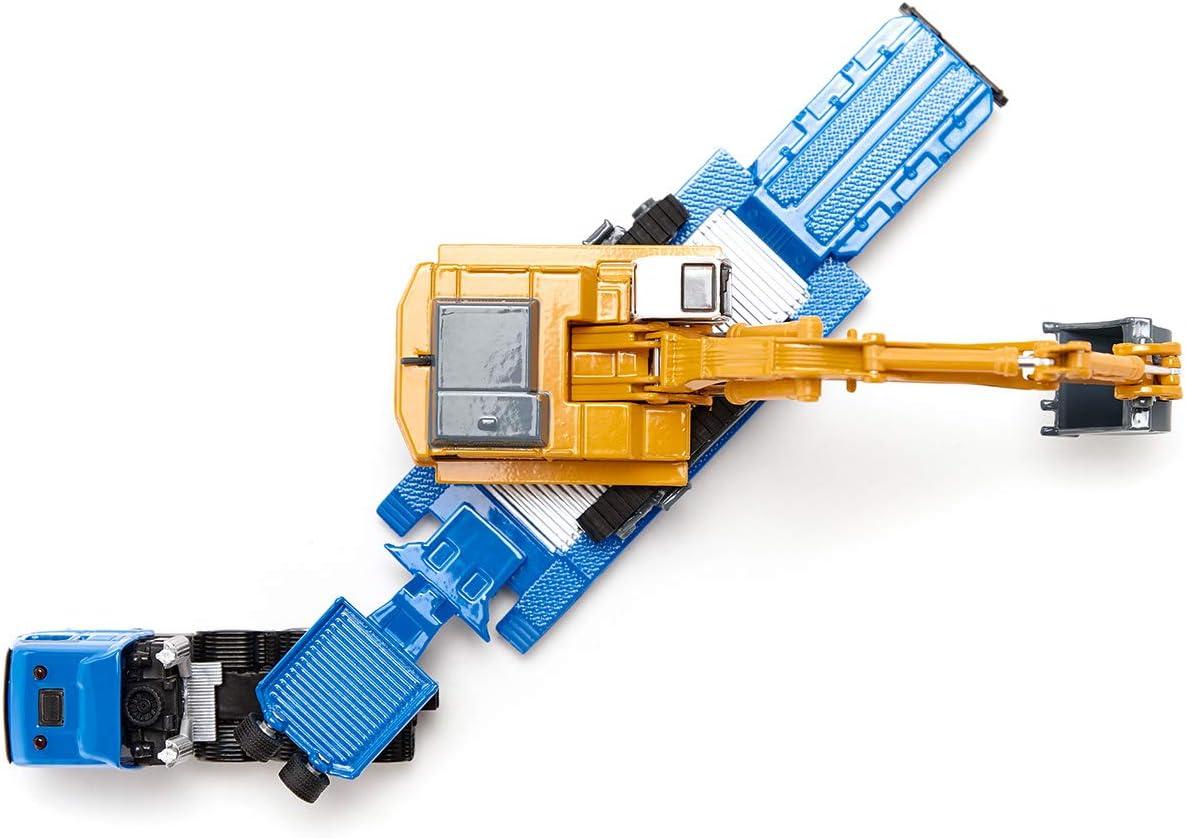 Heavy Haulage Flatbed Transporter Blue and Liebherr 974 Litronic Excavator Yellow 1/87 (HO) Diecast Models by Siku