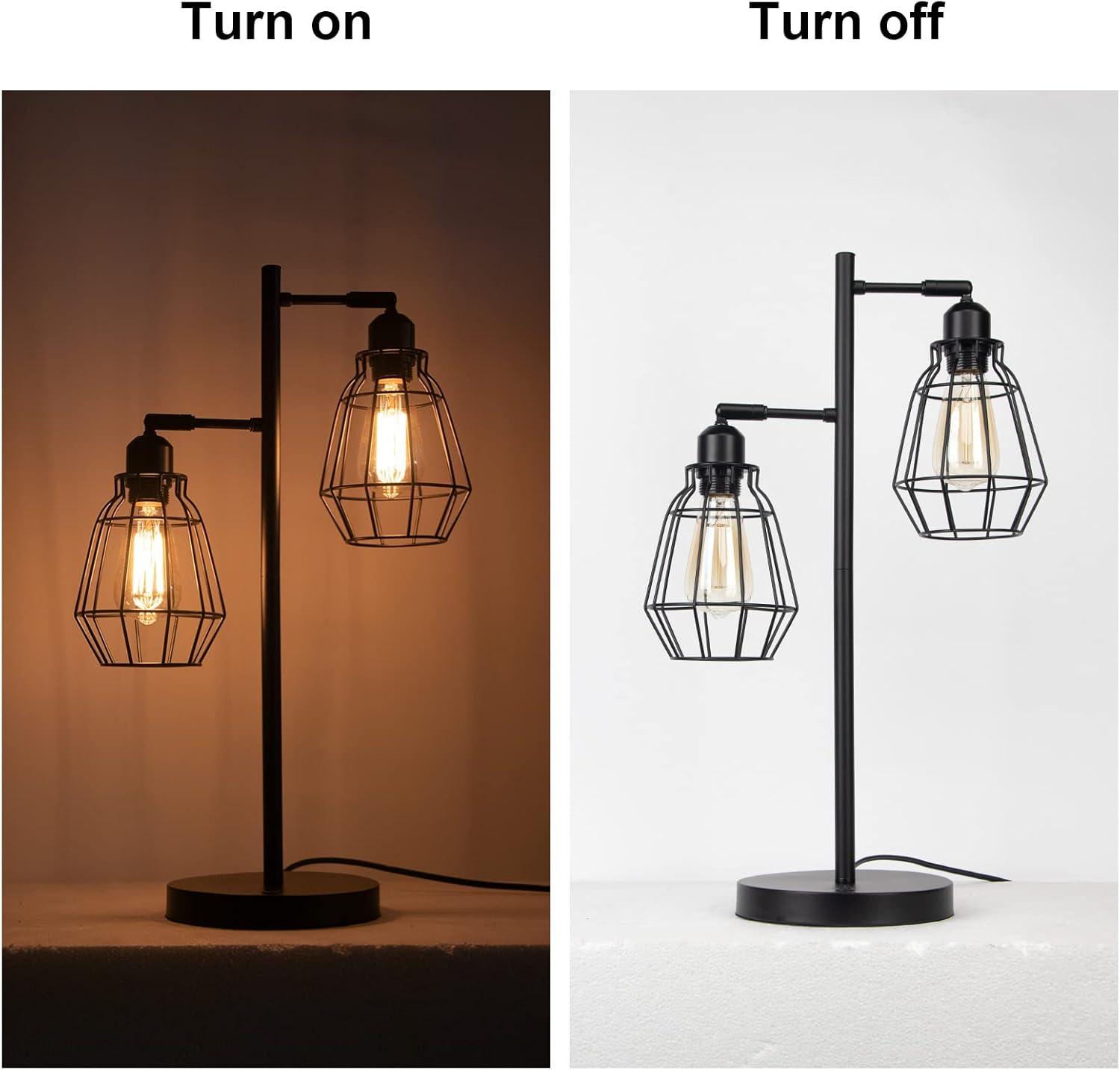 Set of 2 Cage Desk Lamps Industrial Table Lamp with USB Ports and Outlet