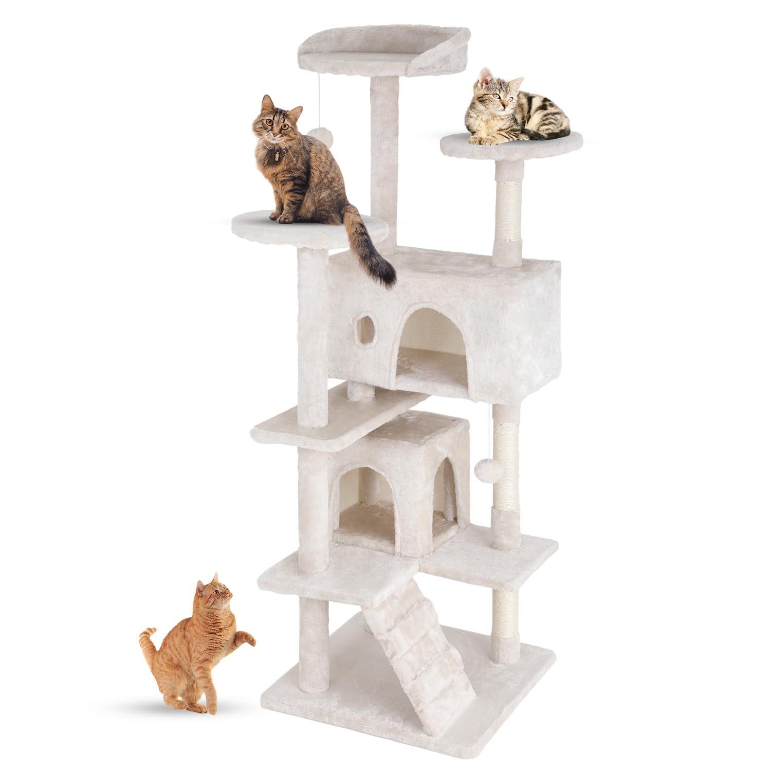 QuellQuest 54in Multi-Level Cat Tree Tower Furniture Activity Center with Scratching Posts, Toys and Condo for Indoor Kittens, Beige
