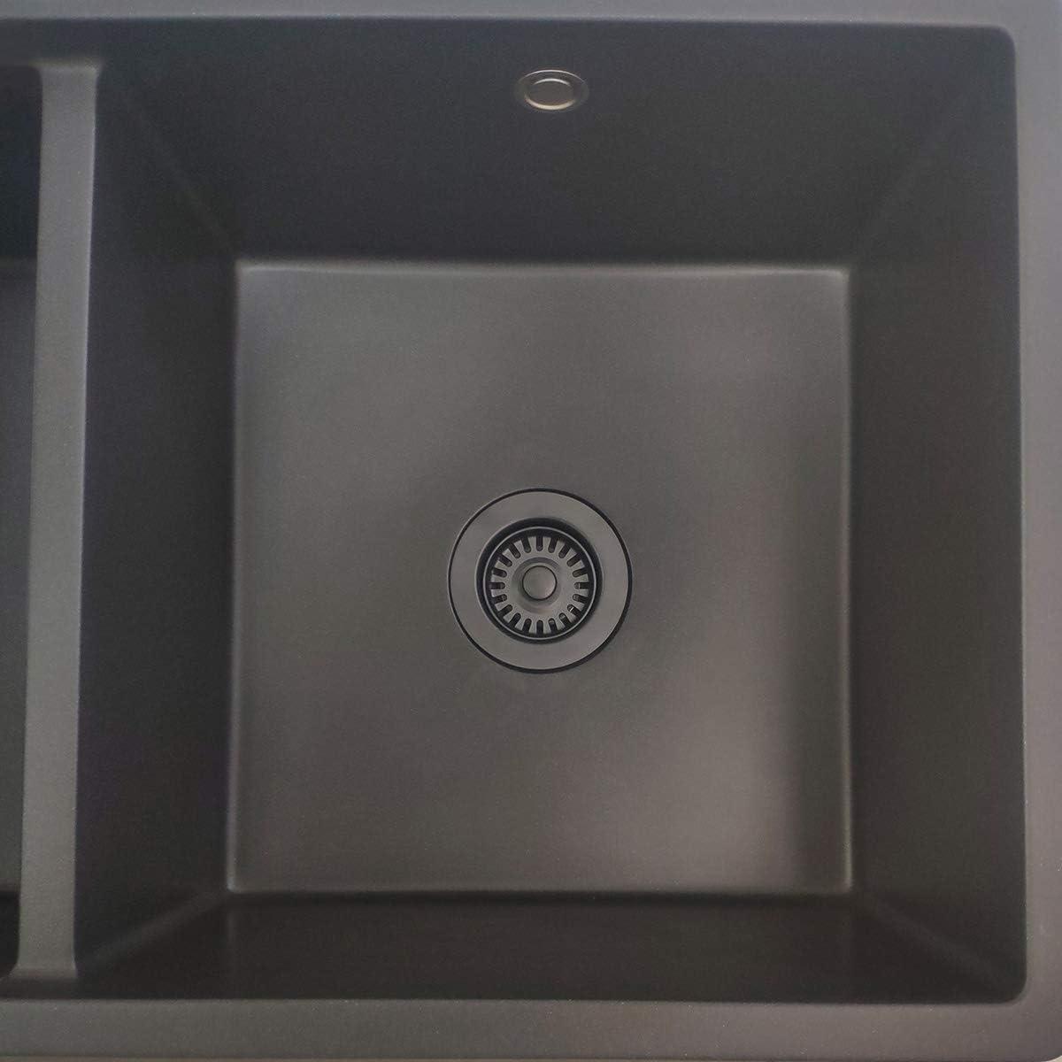 3-1/2 Inch Polymer Black Sink Drain Assembly with Basket Strainer and Stopper for Granite or Fireclay Kitchen Sinks
