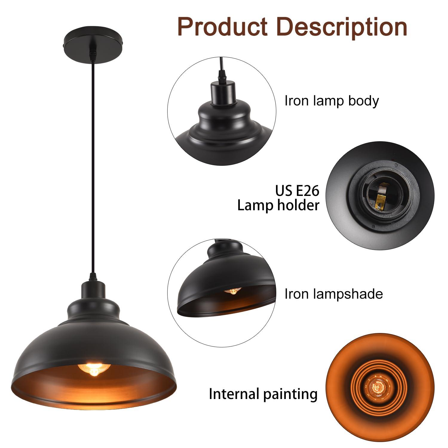 2-Pack Black Pendant Lights, 11.81'' Modern Pendant Lights Kitchen Island, Dome Large Pendant Light for Dining Room Foyer Bedroom Entryway Hallway Light Fixtures