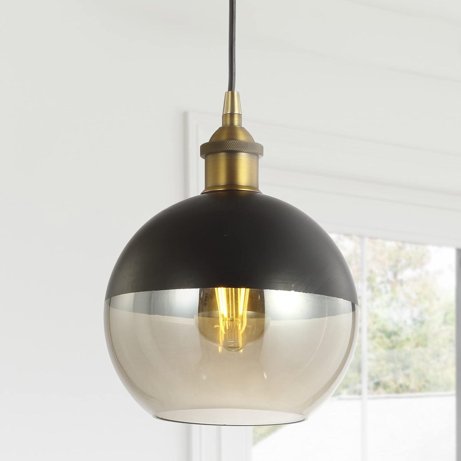 Nixon 7.5" 1-Light MidCentury Modern Metal/Glass Adjustable Drop Globe LED Pendant, Brass Gold/Black