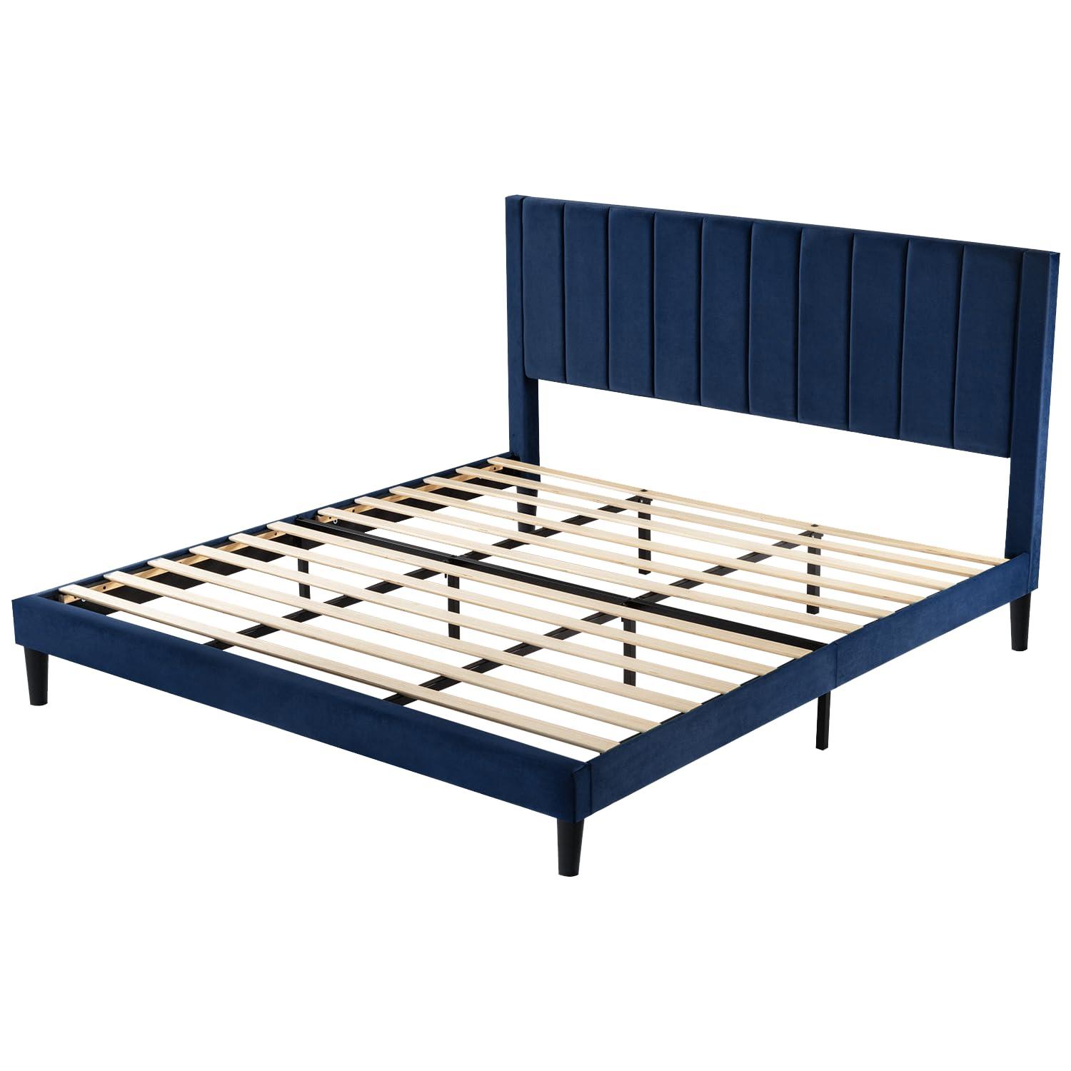BizChair King Upholstered Platform Bed with Vertical Stitched Wingback Headboard, Slatted Mattress Foundation, No Box Spring Needed, Navy Velvet