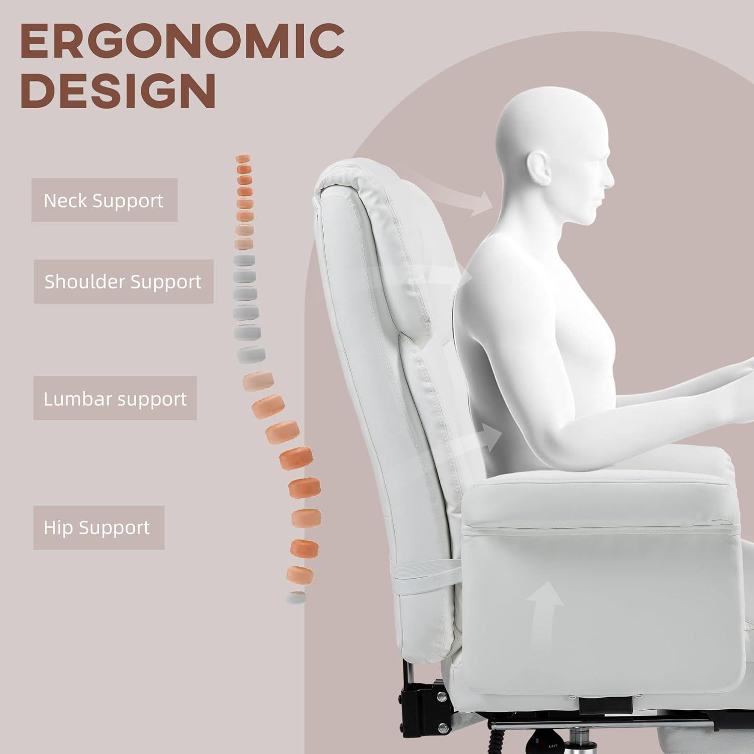HOMCOM Executive Office Chair with Footrest and Lumbar Support, PU Leather Office Desk Chair, Ergonomic, Reclining and Swivel Chair, White