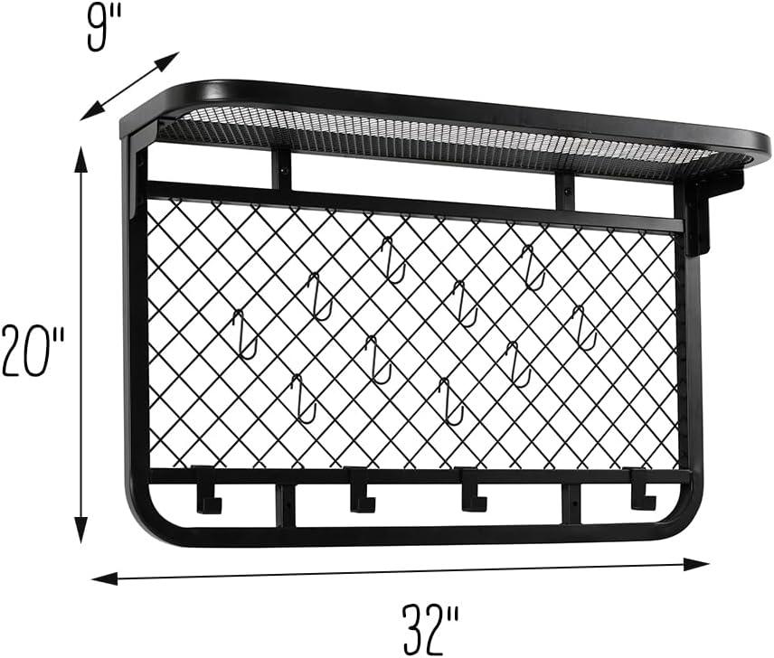 Honey-Can-Do Wall-Mounted Steel Reversible Garage Grid Shelf with Hooks, Black, Holds up to 60 lb per Shelf