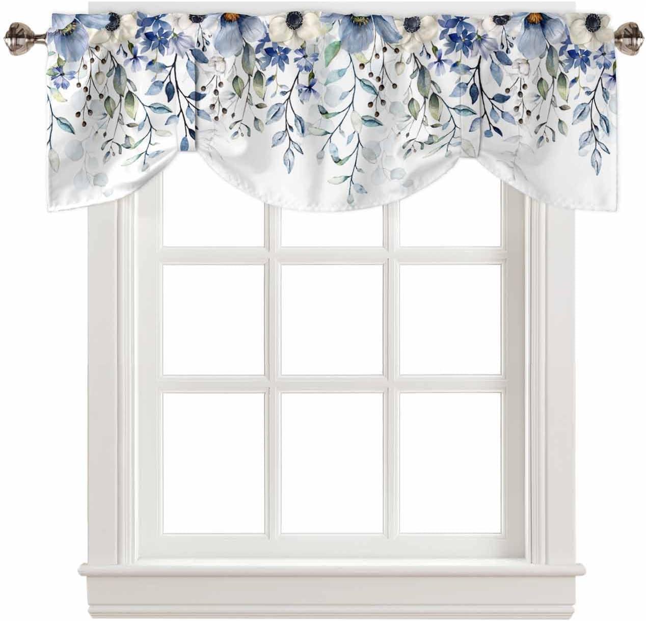 Blue Spring Floral Tie Up Valance Curtains for Windows, Summer Botanical Kitchen Curtains Window Treatments, Weeping Flower Short Window Shades Valances for Bedroom Bathroom Cafe 54"x18"
