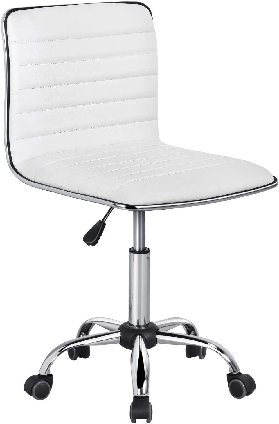 White Leather Armless Swivel Task Chair with Chrome Base