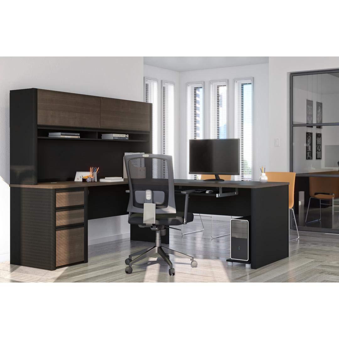 Bestar Connexion 5 Piece L Shaped Computer Desk with Hutch in Antigua and Black