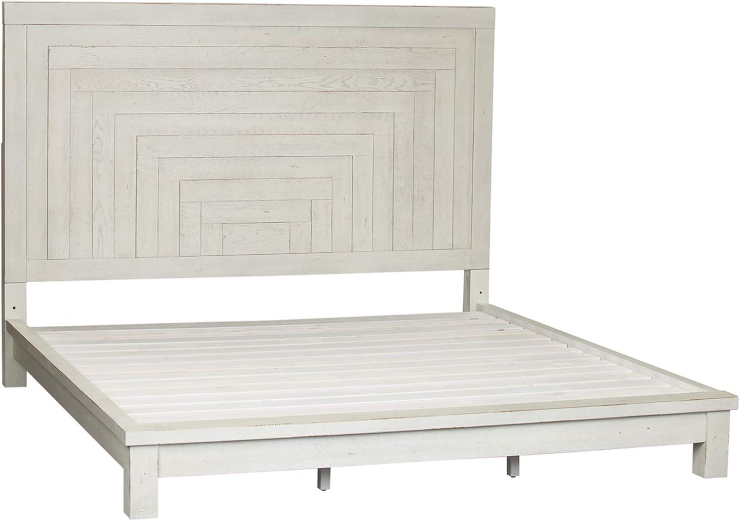 White Queen Platform Bed with Storage and Wood Headboard