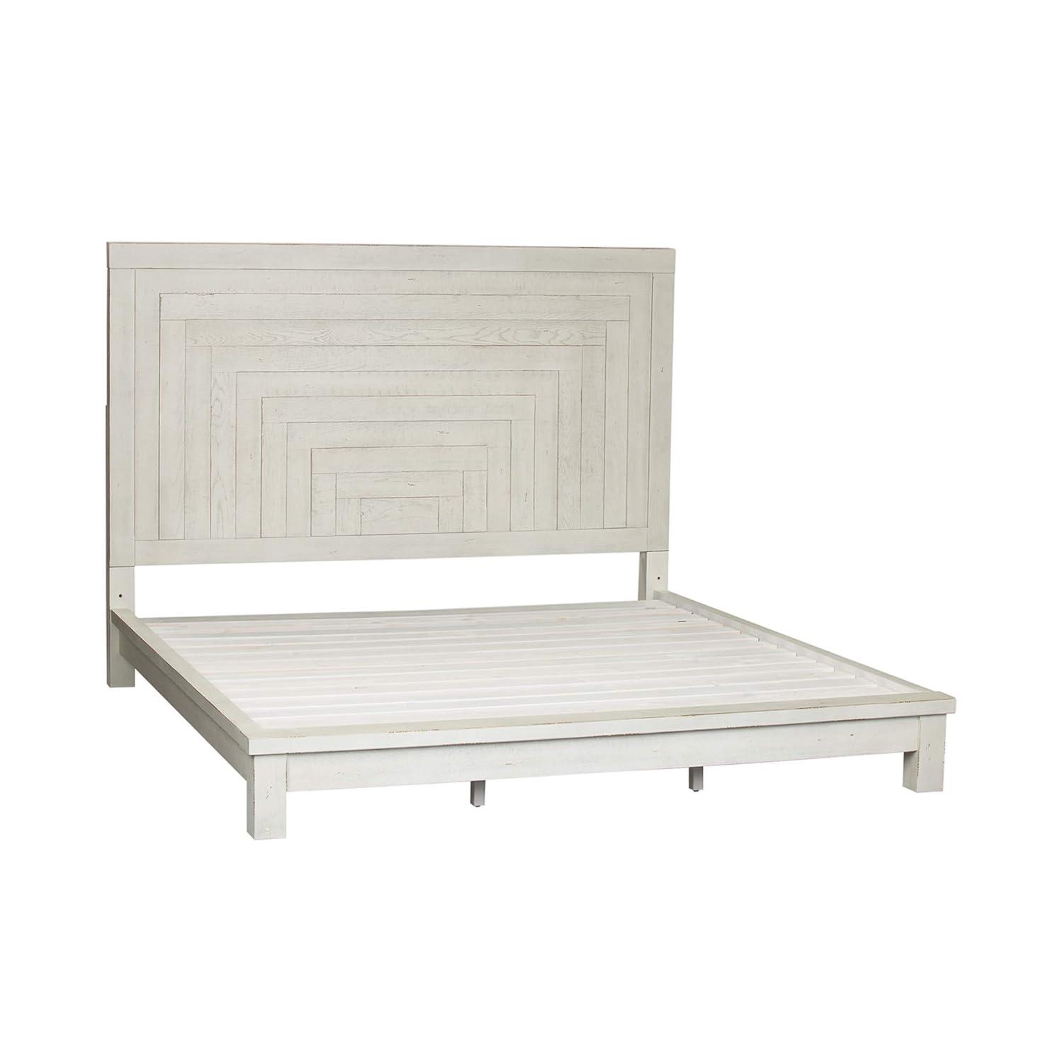 White Queen Platform Bed with Storage and Wood Headboard