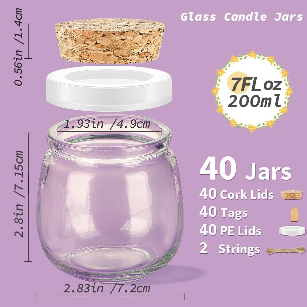 40 Pack Syntic 7oz Thick Candle Jars for Making Candles, Empty Container with with Cork Lids, PE Lids for Gift Favors, Party decorate Clear