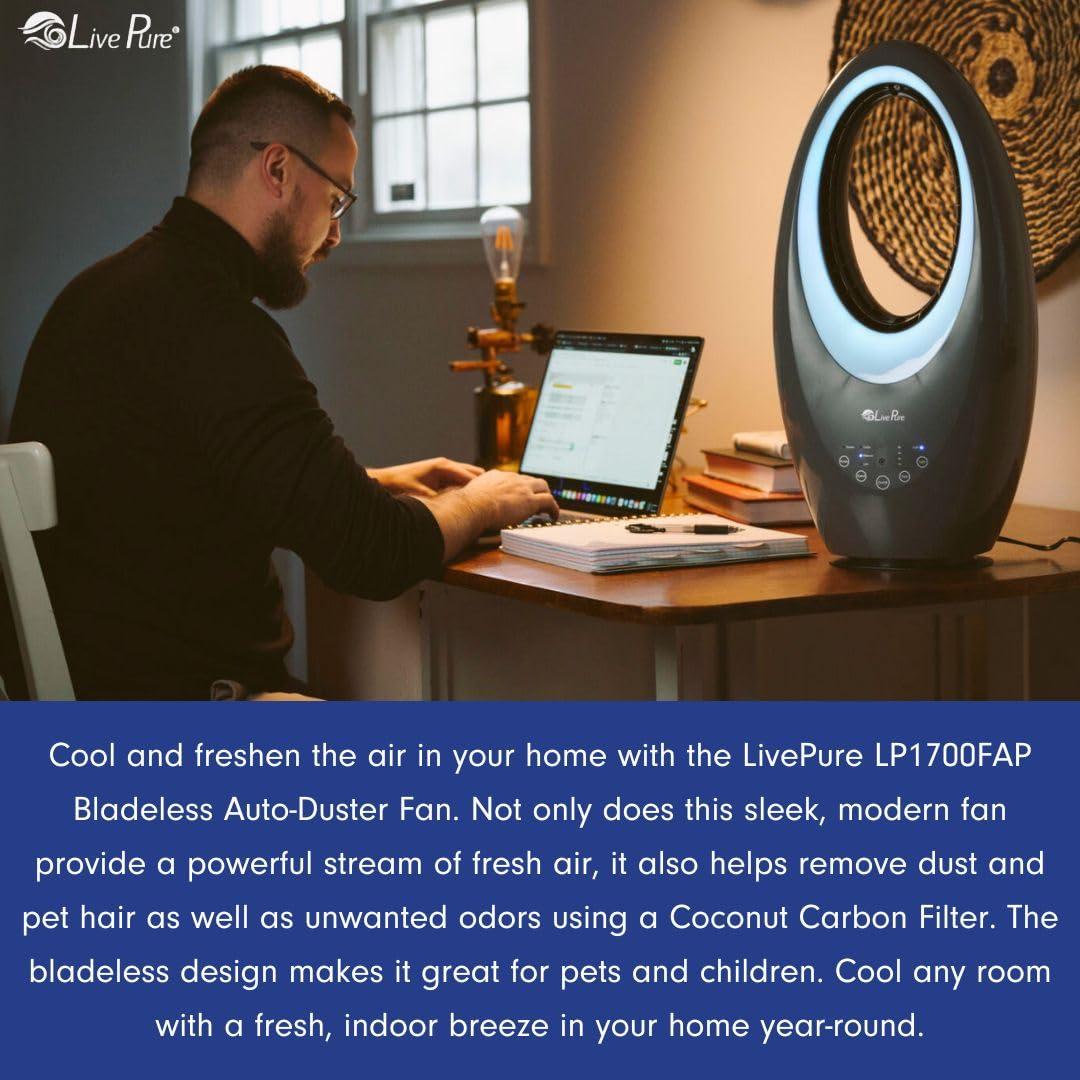 LivePure Bladeless Auto-Duster, Oscillating Fan w/Filter, Air Circulator, Sage
