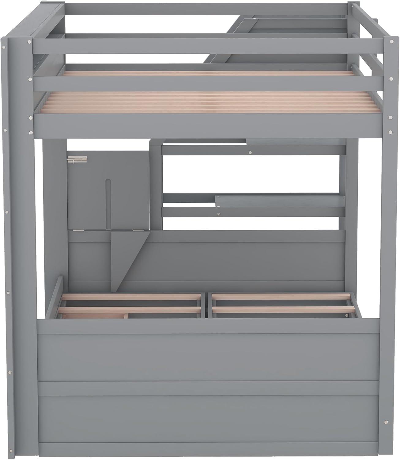 Harper & Bright Designs Full Over Full/Futon Bunk Beds with Stairs and 3 Drawers, Built-in Shelf, Bottom Bed can be Converted into Daybed, Solid Wood Bunk Bed Frame - Gray