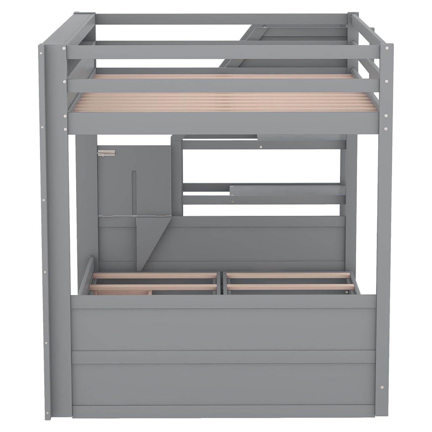 Harper & Bright Designs Full Over Full Bunk Beds with Stairs and Small Shelf, Wood Convertible Bunk Bed can be Converted into Daybed (Gray)