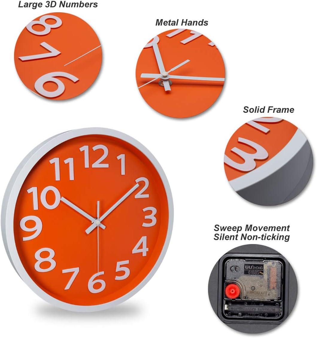 12-Inch Orange Modern Silent Analog Wall Clock with 3D Numbers