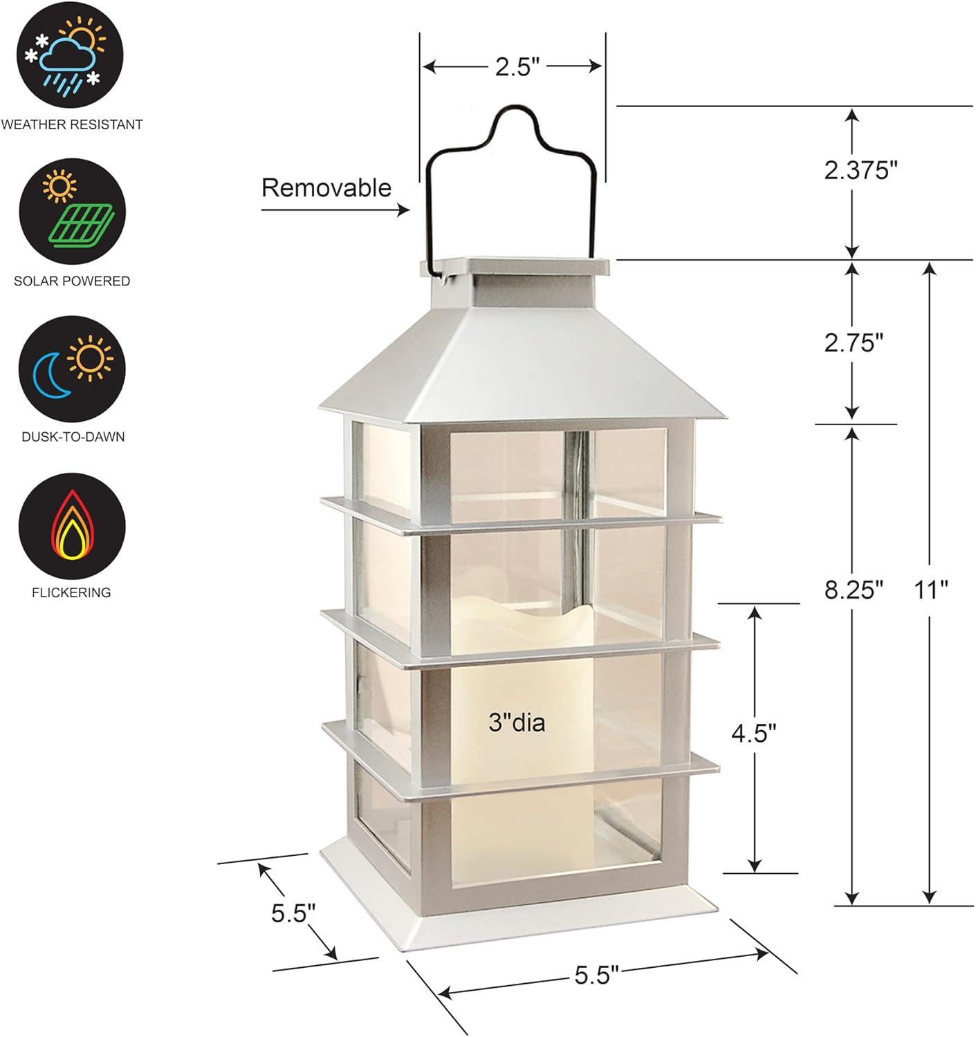 Silver Hanging Solar LED Candle Lantern with Glass Panels