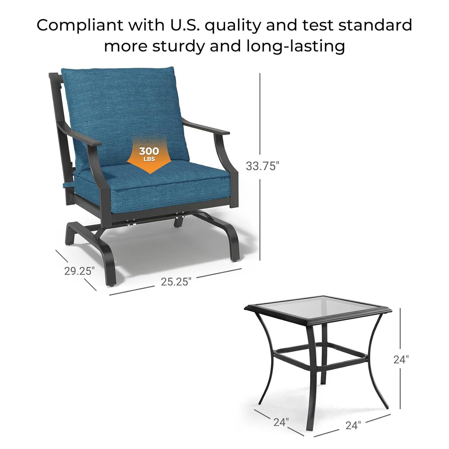 Grand Patio Outdoor 3 Piece Patio Set, 2 Single Steel Chairs with a Side Table, Peacock Blue