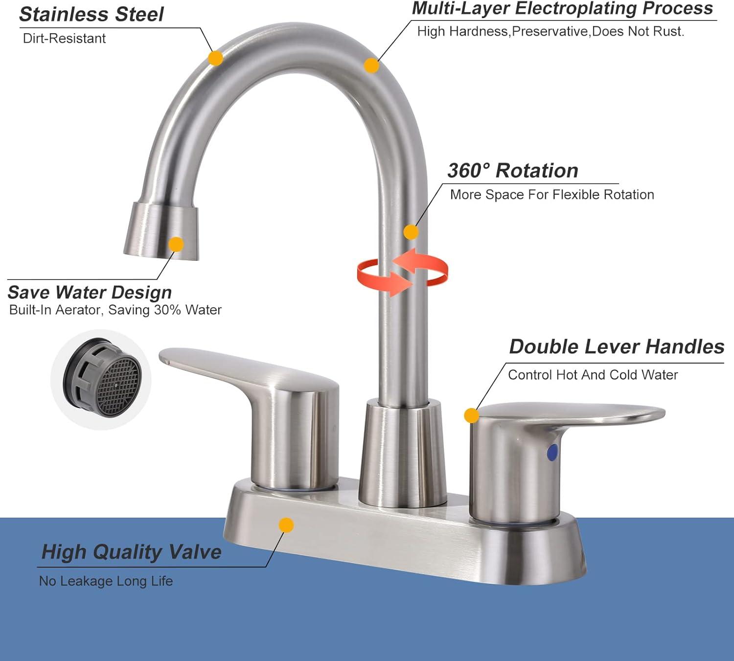 4 Inch Bathroom Faucets 2 or 3 Hole, 2 Handle Bathroom Sink Faucet, 360° Swivel Spout Lavatory Vanity Sink Faucet with Water Supply Lines & Pop Up Drain