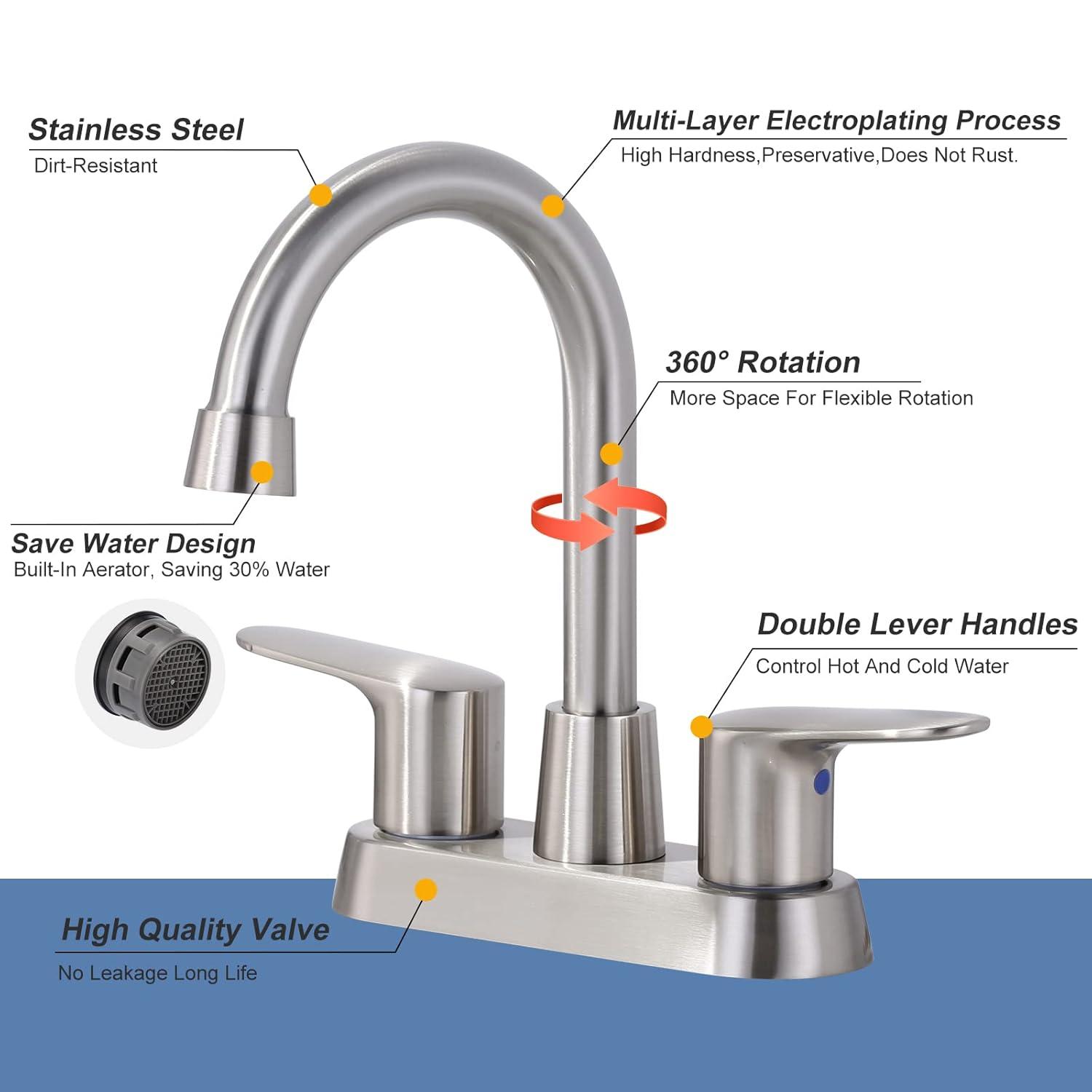 4 Inch Bathroom Faucets 2 or 3 Hole, 2 Handle Bathroom Sink Faucet, 360° Swivel Spout Lavatory Vanity Sink Faucet with Water Supply Lines & Pop Up Drain