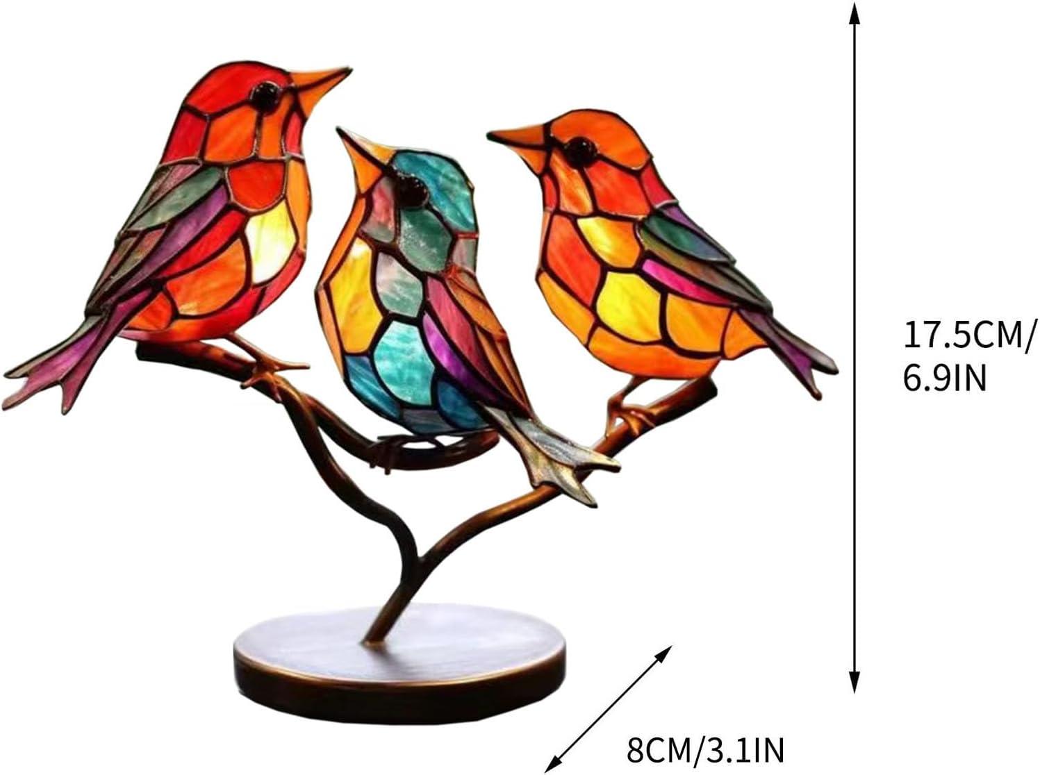 Stained Glass Birds on Branch Desktop Ornaments,Handmade Stained Glass Bird Suncatche,Double Sided Multicolor Style Birds Colors Alloy Ornaments,Suitable Home Patio and Bird Lover