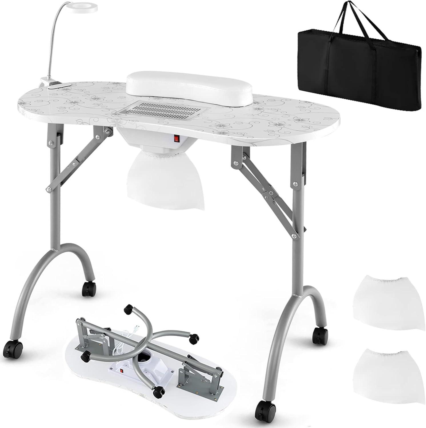 White Foldable Manicure Table with LED Lamp and Dust Collector