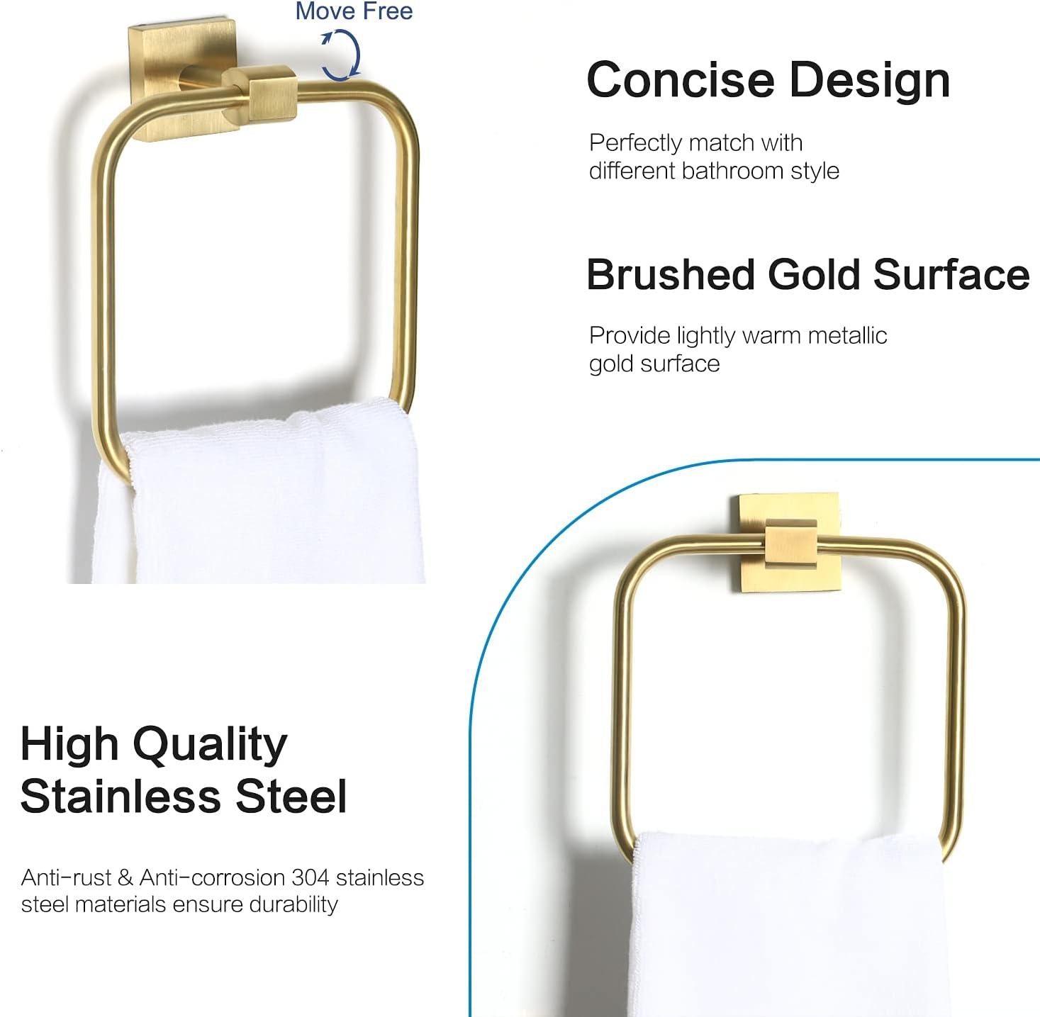 Brushed Gold Stainless Steel Square Wall Mounted Towel Ring