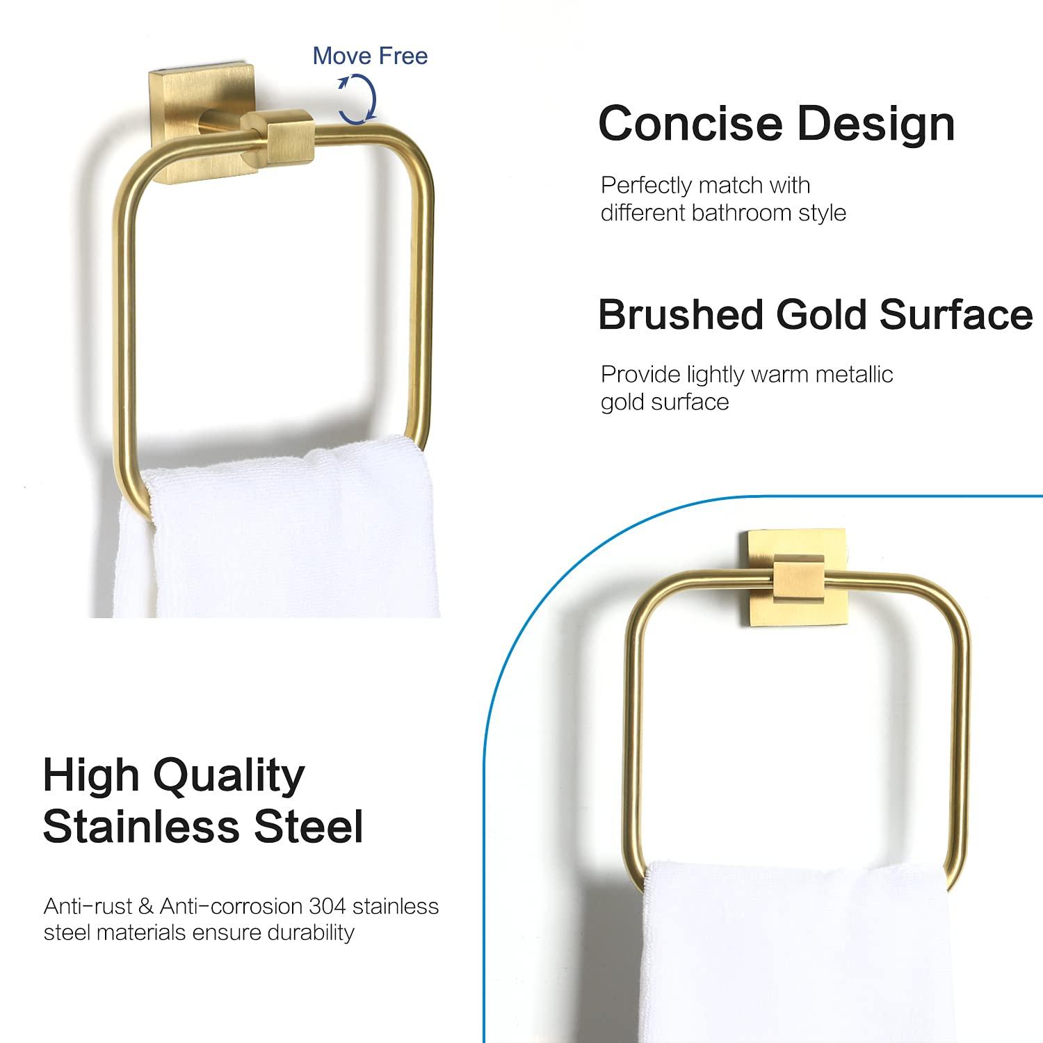 HouseAid Square Hand Towel Ring for Bathroom Stainless Steel Towel Holder Modern Hand Towel Hanger Wall Mounted Brushed Gold