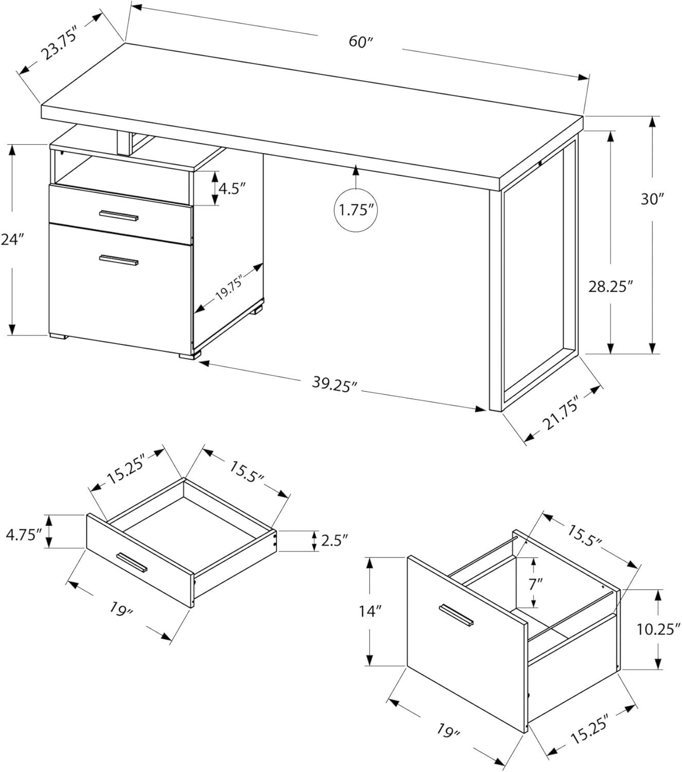 Monarch Specialties Computer Desk, Home Office, Laptop, Storage Drawers, 60"L, Work, White Laminate