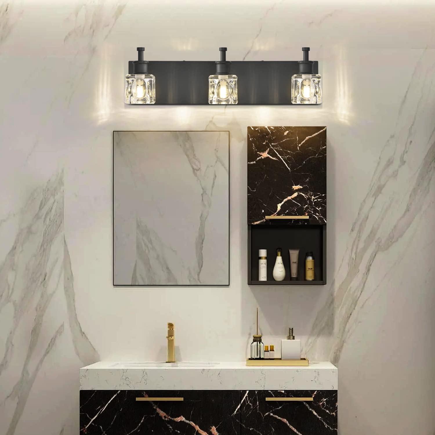 PRESDE Black Crystal Bathroom Lights Fixtures Over Mirror Modern 3 Light Vanity Lighting Bathroom Wall Light Fixtures(Exclude Bulb)