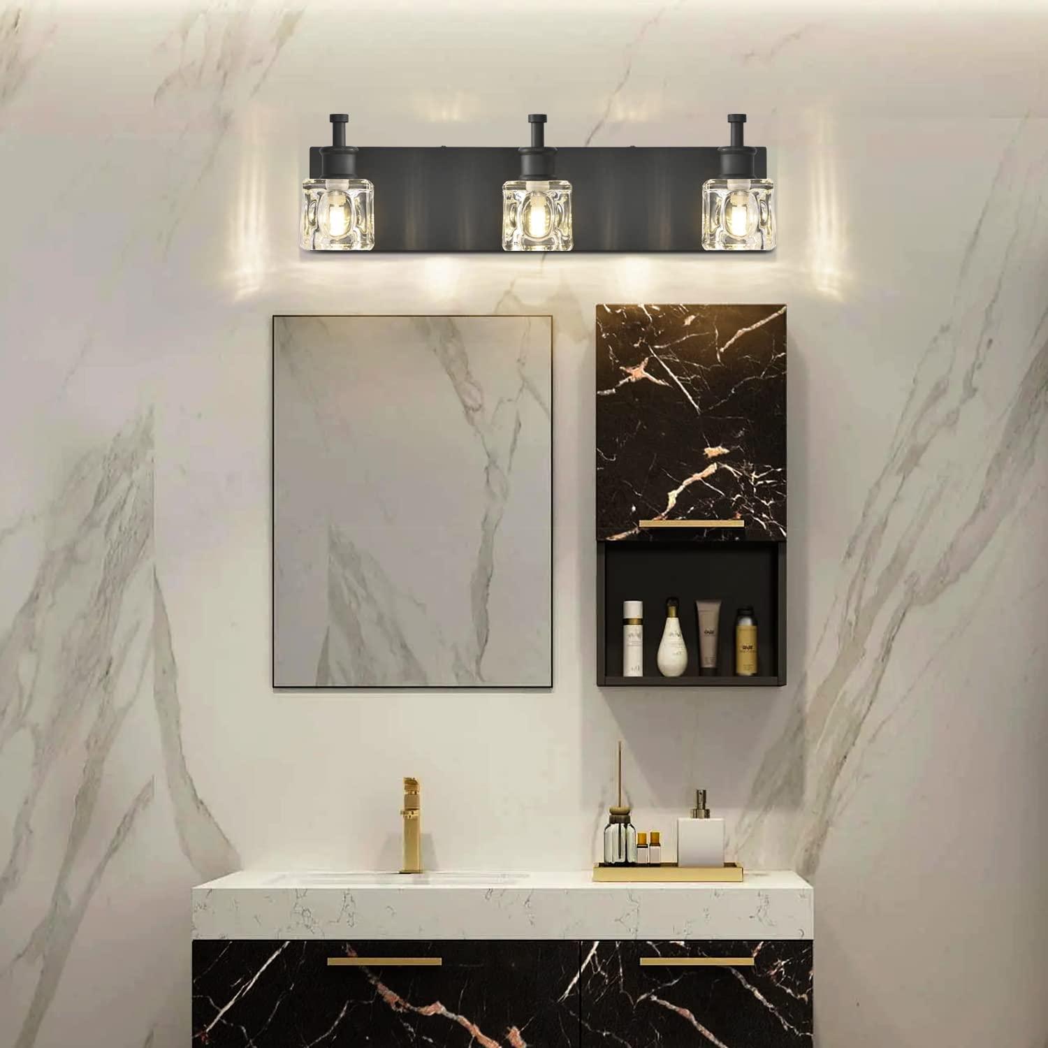 PRESDE Black Crystal Bathroom Lights Fixtures Over Mirror Modern 3 Light Vanity Lighting Bathroom Wall Light Fixtures(Exclude Bulb)