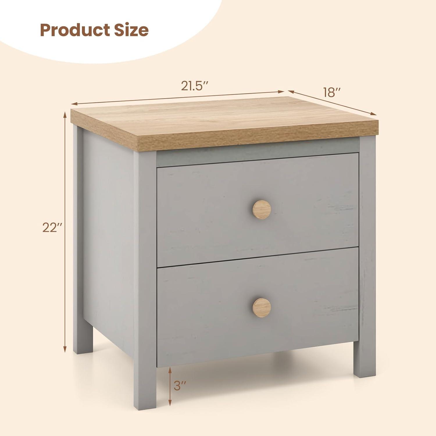 Giantex Night Stand with 2 Drawers, Farmhouse Bedside Table with Cute Round Knobs, Wooden Floor End Table with Rubber Wood Legs, Small Sofa Side Table for Small Space Kids Bedroom College, Grey