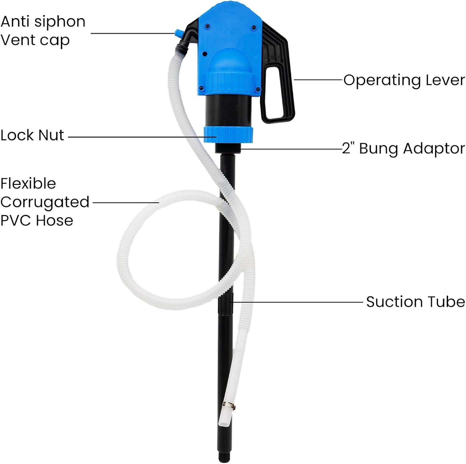 Lever-operated Drum Pumps.55 Gallon Plastic Hand Lever Drum Pump is 1 Pint Per Stroke.Lever Action Drum Pump for High Viscosity Oils, Agricultural Chemicals with 2 Meters of 3/4” Corrugated Hose