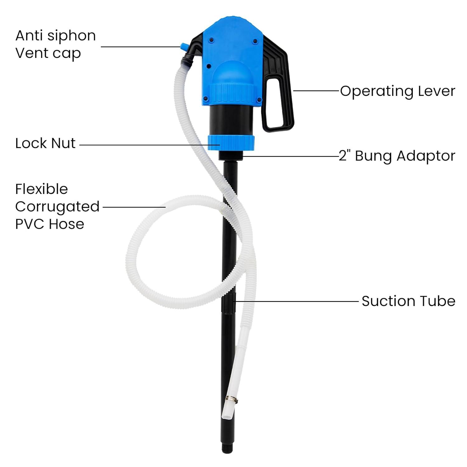 Lever-operated Drum Pumps.55 Gallon Plastic Hand Lever Drum Pump is 1 Pint Per Stroke.Lever Action Drum Pump for High Viscosity Oils, Agricultural Chemicals with 2 Meters of 3/4” Corrugated Hose