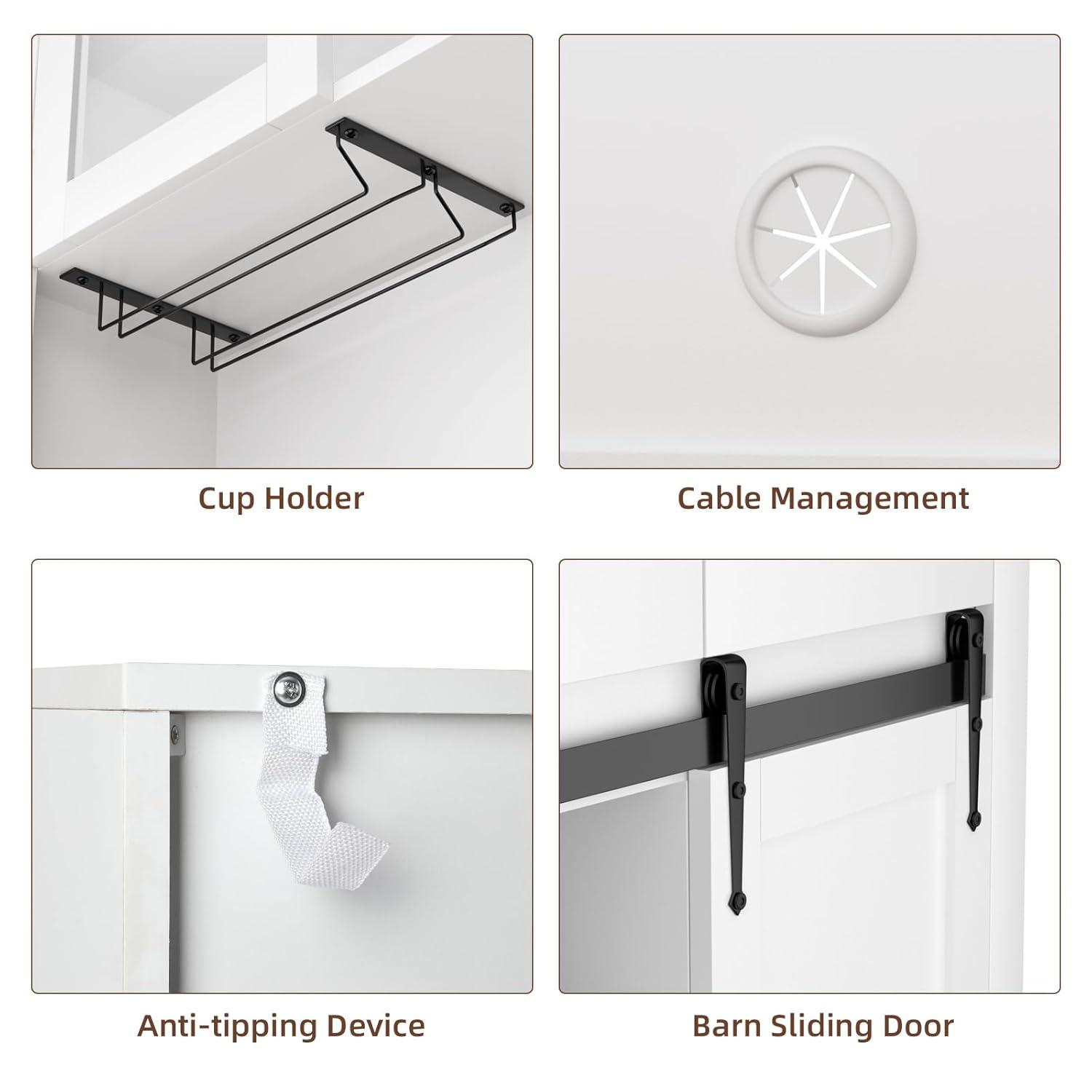 VOWNER 72" Tall Farmhouse Bar Cabinet with Sliding Barn Doors, Kitchen Pantry Storage Cabinet with Wine&Glass Racks, Hutch Buffet Cabinet with Drawers for Dining Room (White)