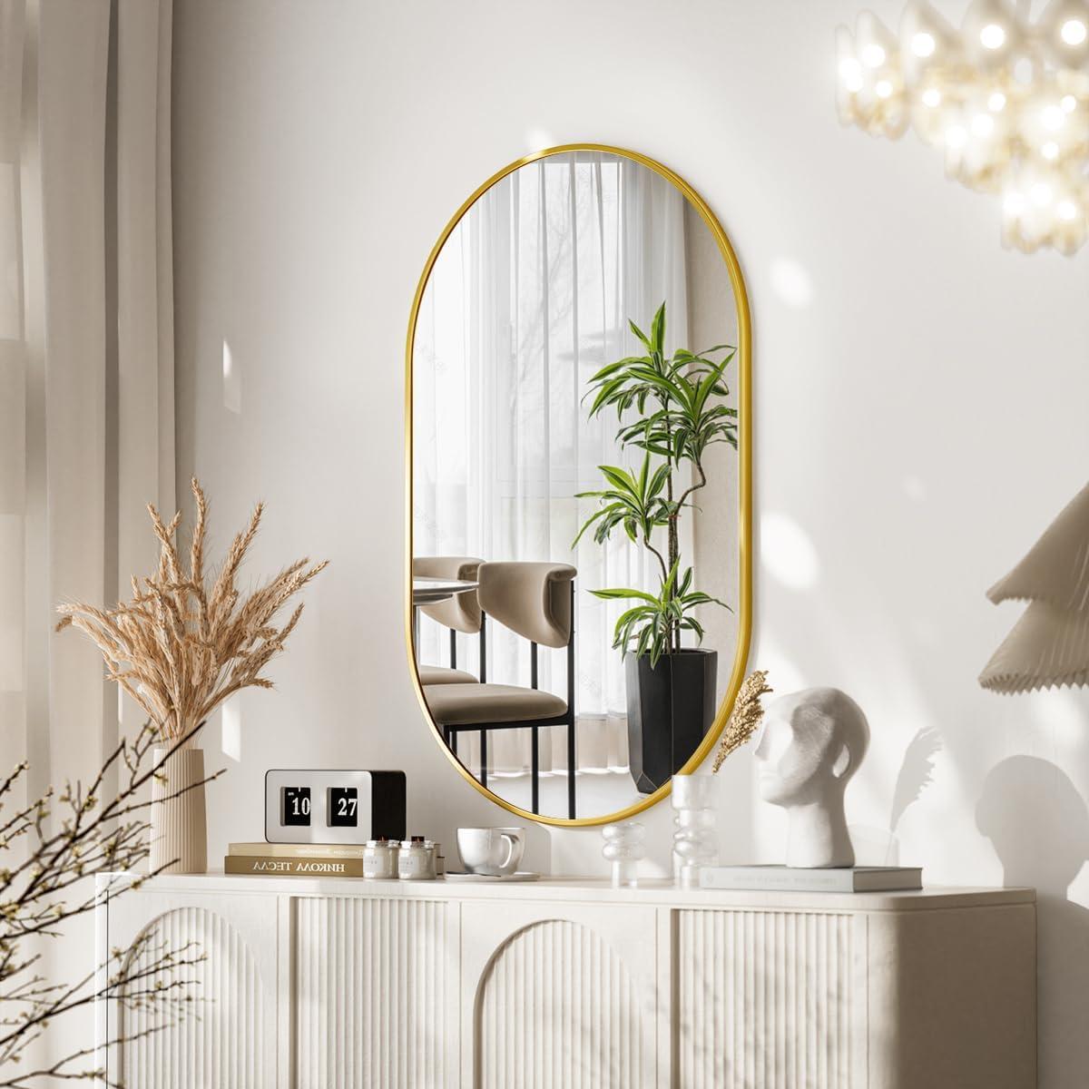 Gold Oval Wall Mirror with Metal Frame, 17" x 30"