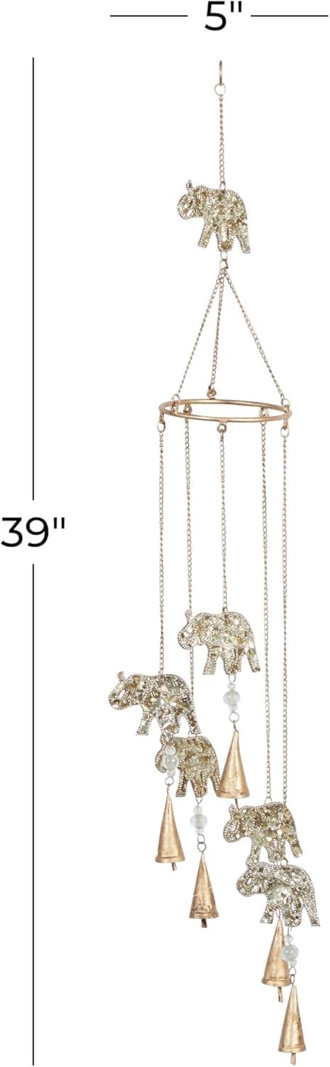 DecMode 39" Gold Metal Embellished Elephant Windchime with Glass Beads and Cone Bells