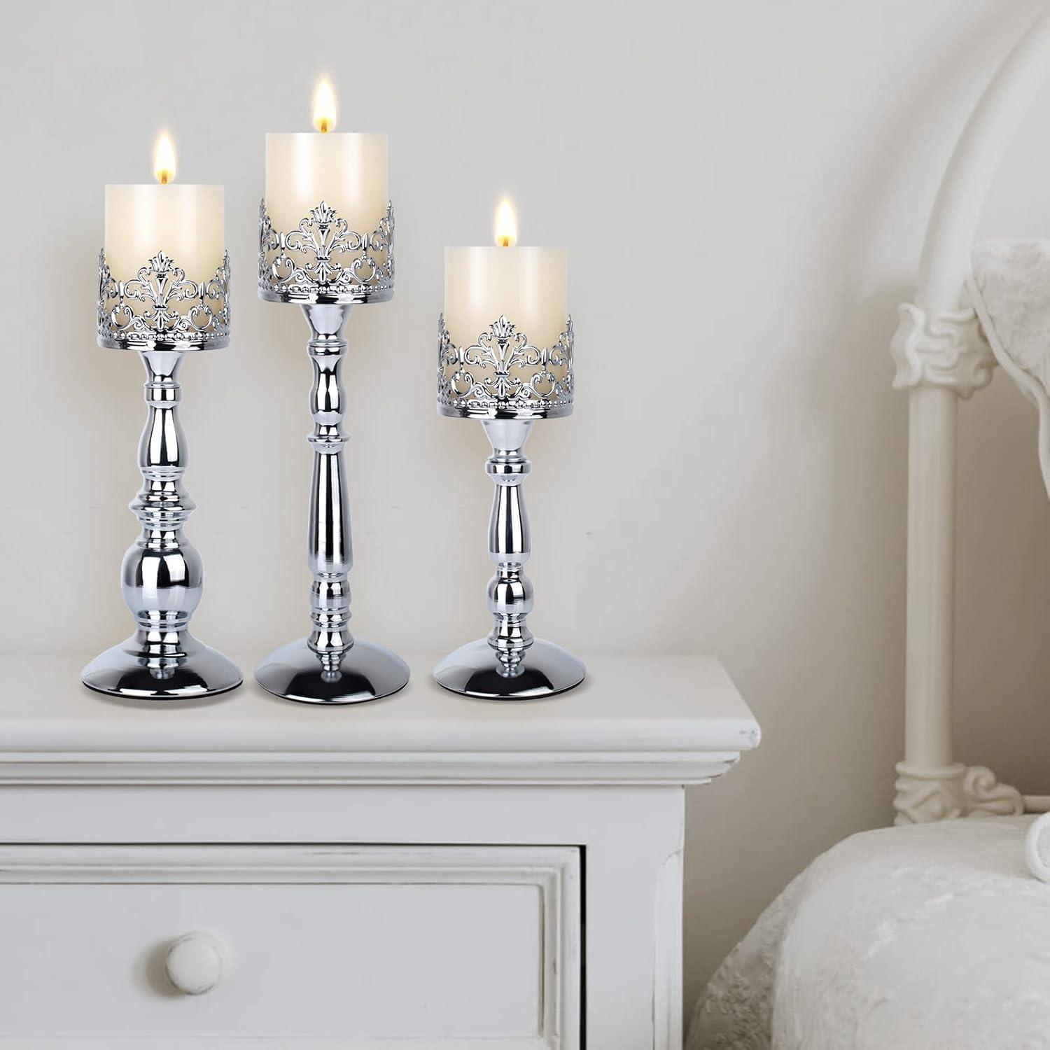 Silver Vintage Tall Candle Holders Set of 3 with Crown Design