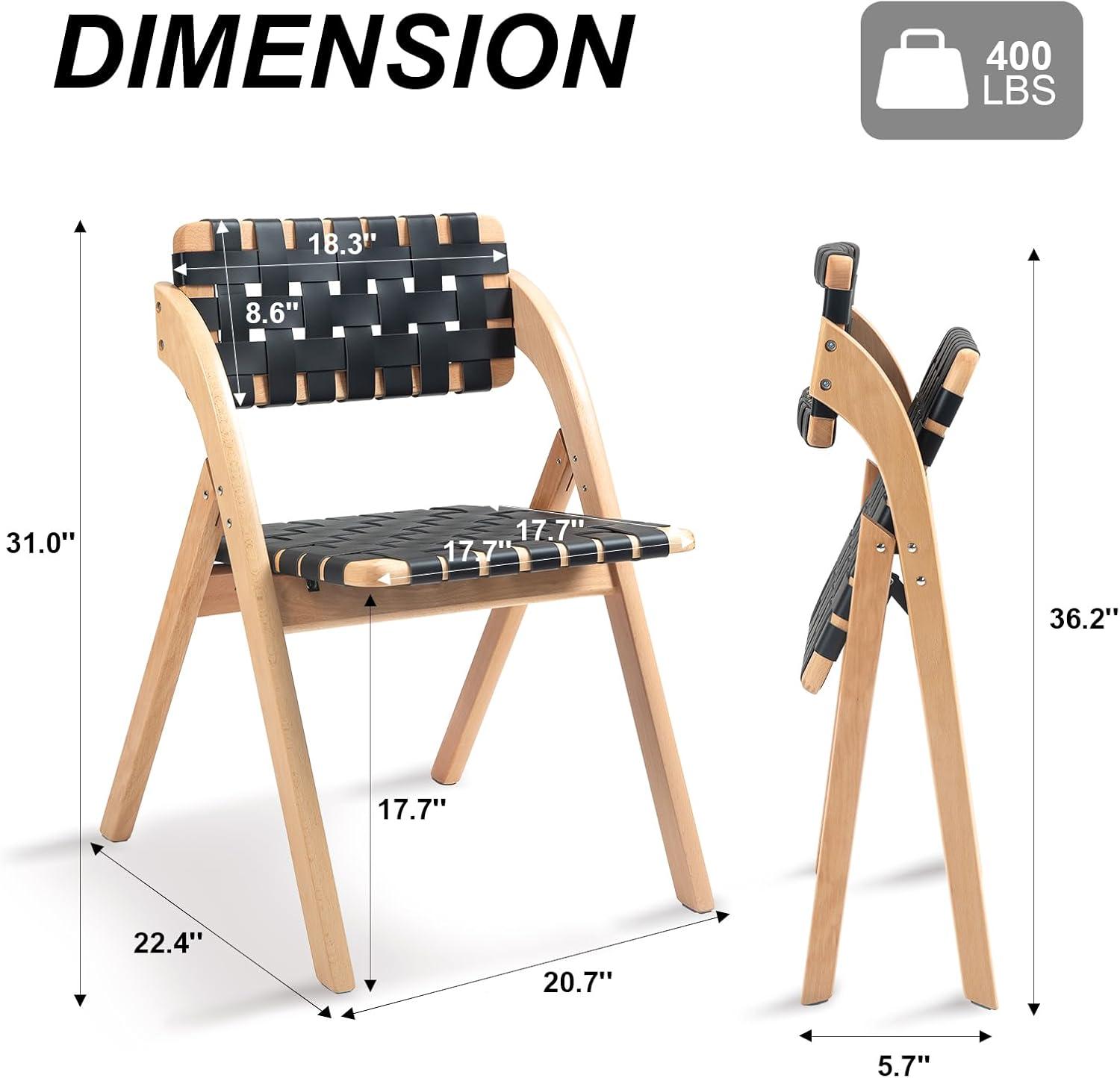 Folding Chairs Set of 2, Wooden Foldable Dining Chairs, Stackable Folding Extra Chair with Breathable Leather-Woven Design for Indoor & Outdoor, Brown