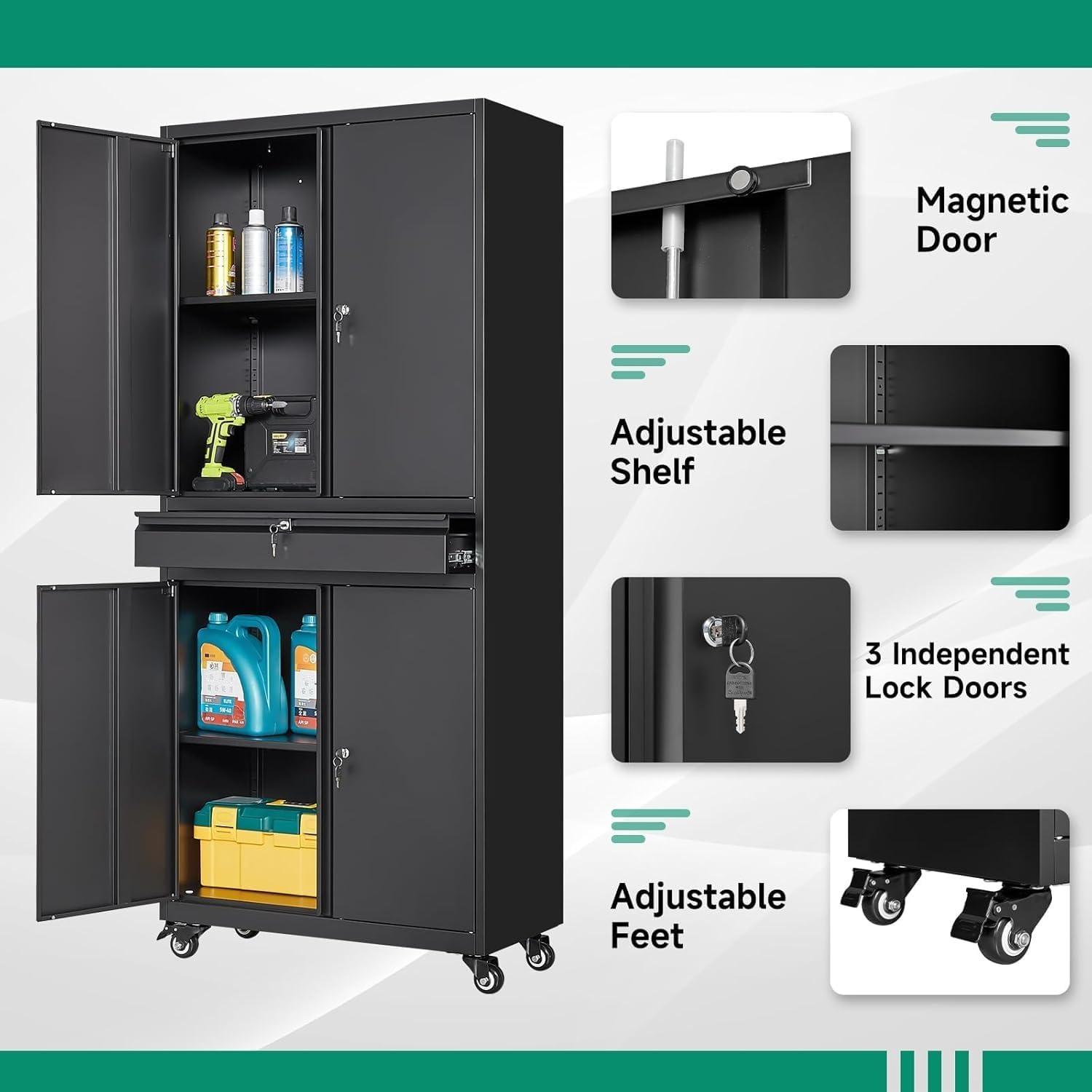 17 Stories Wheeling Garage Storage Cabinet, Rolling Tool Cabinet with 4 Door Lock-Adjustable Shelves and 1 Drawer for Garage Utility Room (Black)