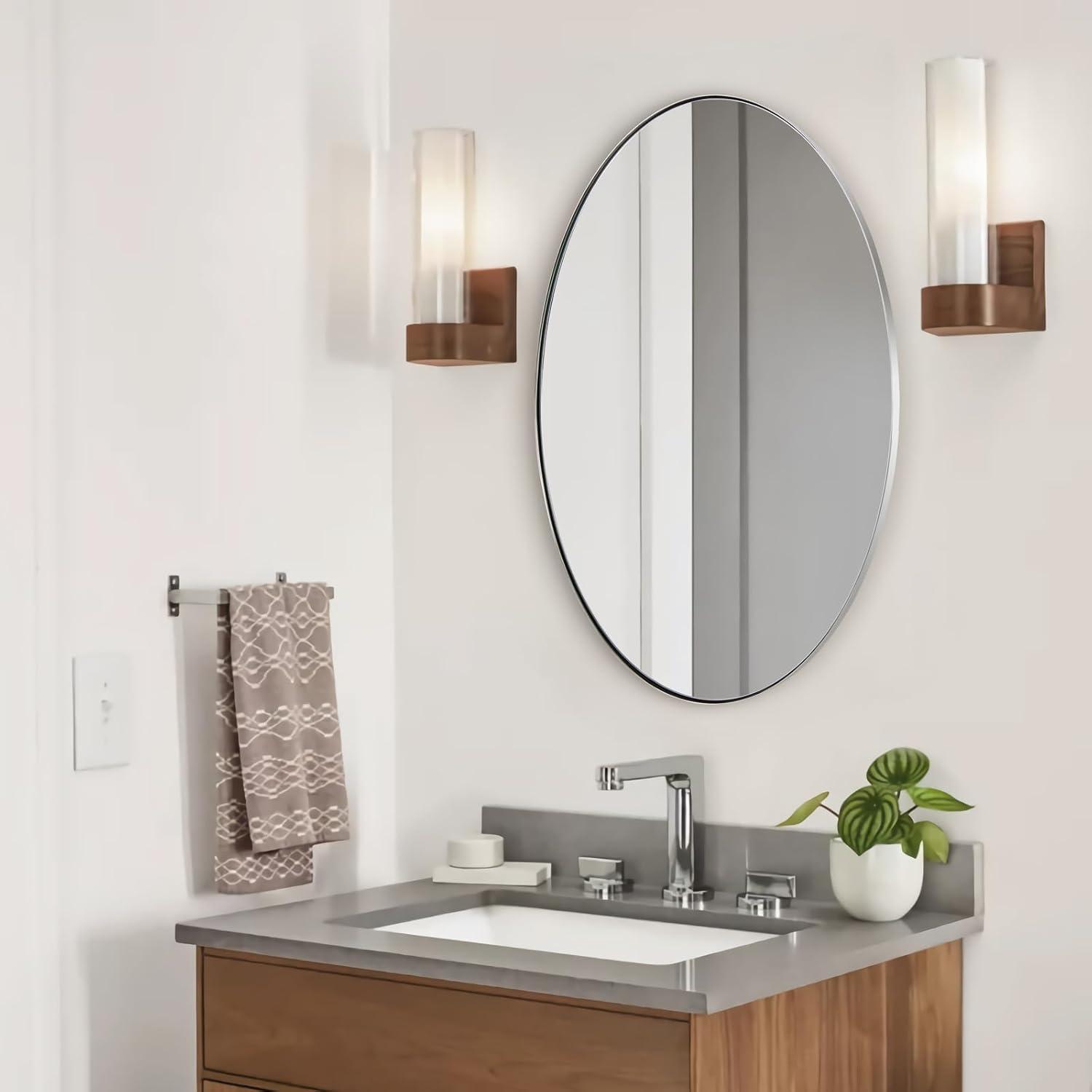 ANDY STAR Wall Mirror for Bathroom, 24x36'' Chrome Oval Bathroom Mirror, Large Oval Wall Mirror for Btahroom, Oblong Pill Shaped Chrome Mirror Stainless Steel Frame Wall Mount Horizontal or Vertical
