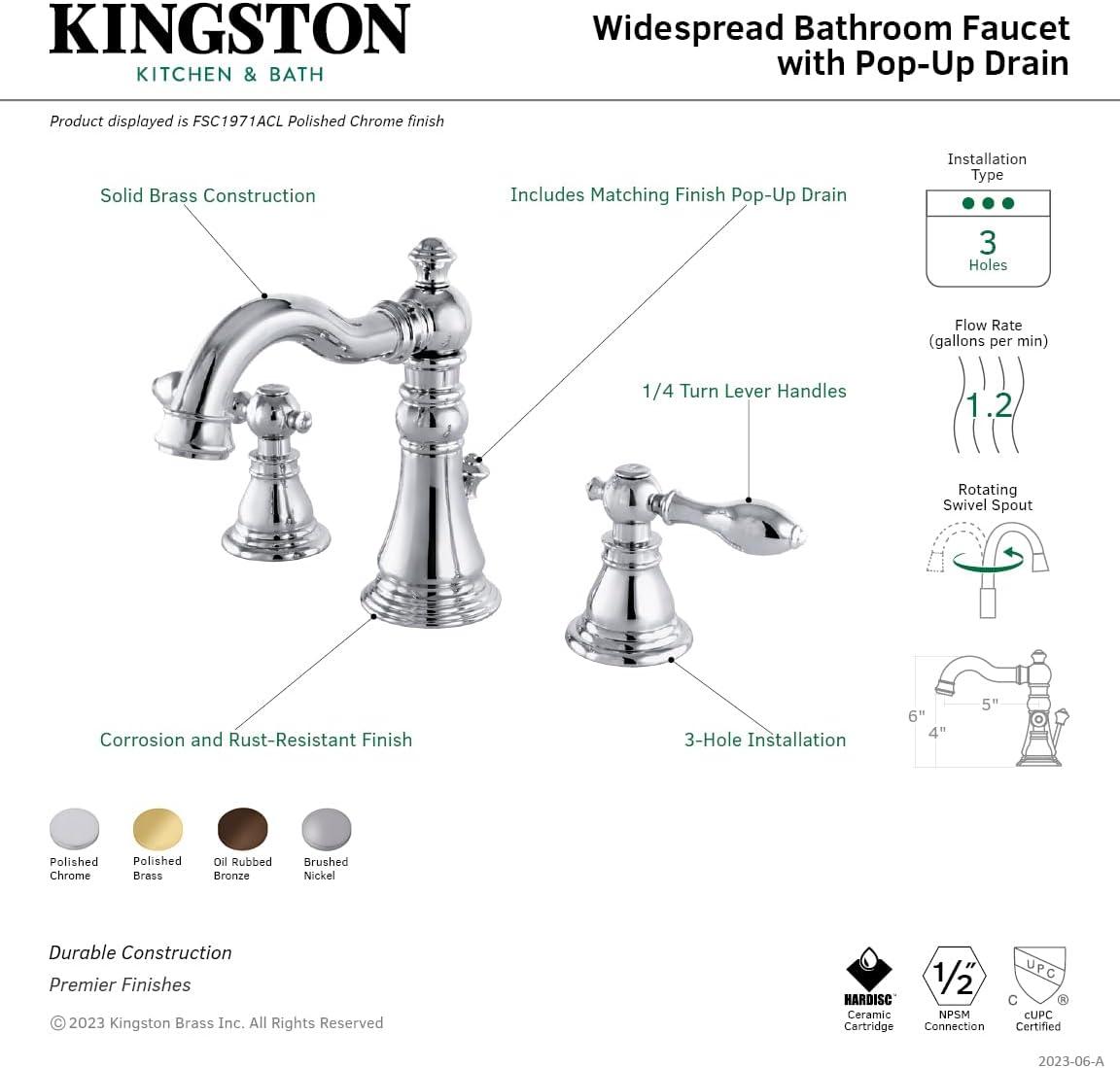 Kingston Brass American Classic Two-Handle 3-Hole Deck Mount Widespread Bathroom Faucet with Pop-Up Drain