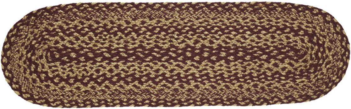 VHC Brands Burgundy Tan Jute Primitive Oval Stair Tread Non Slip Latex Backing, 8.5 x 27"
