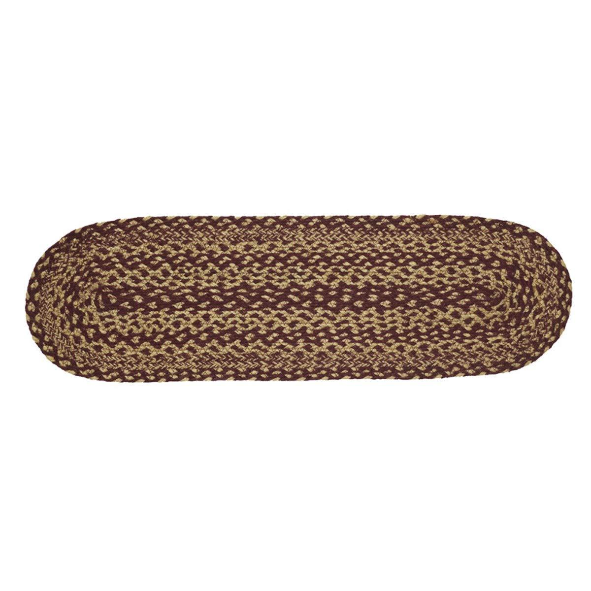 VHC Brands Burgundy Tan Jute Primitive Oval Stair Tread Non Slip Latex Backing, 8.5 x 27"