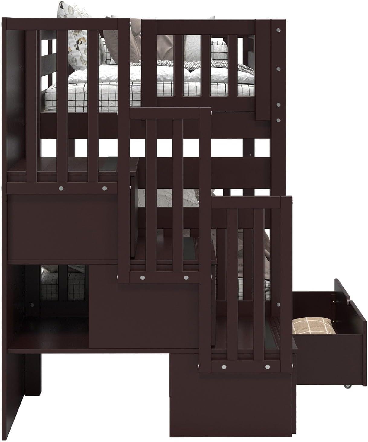 Bedz King Stairway Bunk Beds Twin over Twin with 3 Drawers in the Steps and 2 Under Bed Drawers, Dark Cherry