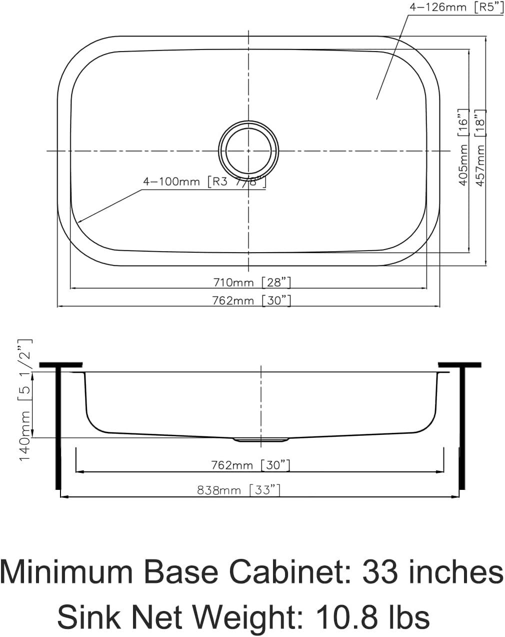 Sinber 30" x 18" Undermount Single Bowl Kitchen Sink with 18 Gauge 304 Stainless Steel Satin Finish