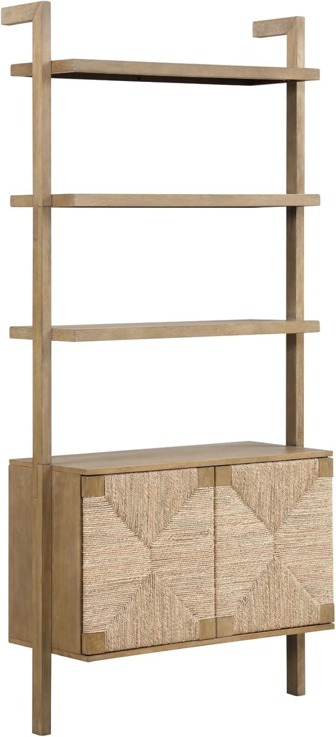 Brown Wood 3-Shelf Bookcase with Seagrass Doors