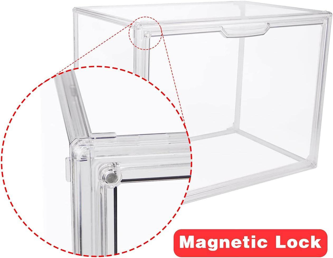 Clear Stackable Plastic Storage Bins with Magnetic Lid, Dustproof Book & Cosmetic Display Cases, Large Figures Collectibles Showcase, Shoe Box, Protection Organizer (Transparent, L-3 Pack)