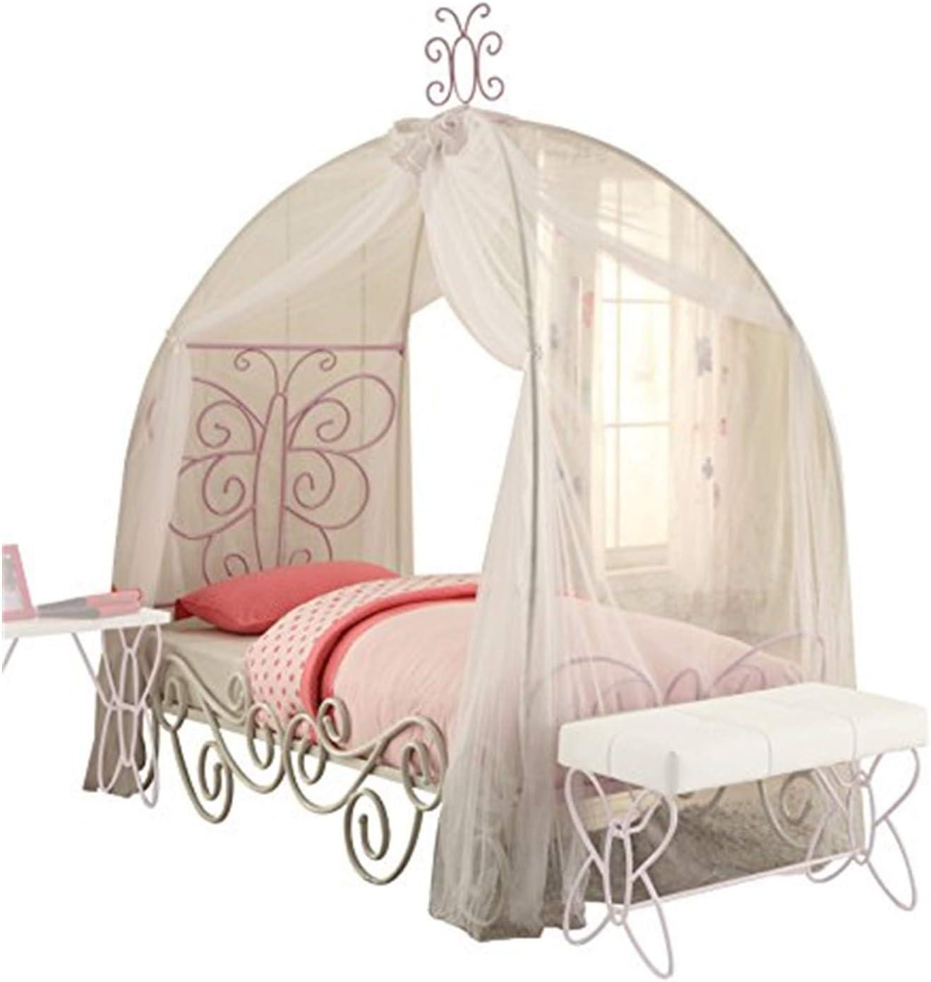 Priya II White and Light Purple Twin Canopy Bed with Butterfly Headboard