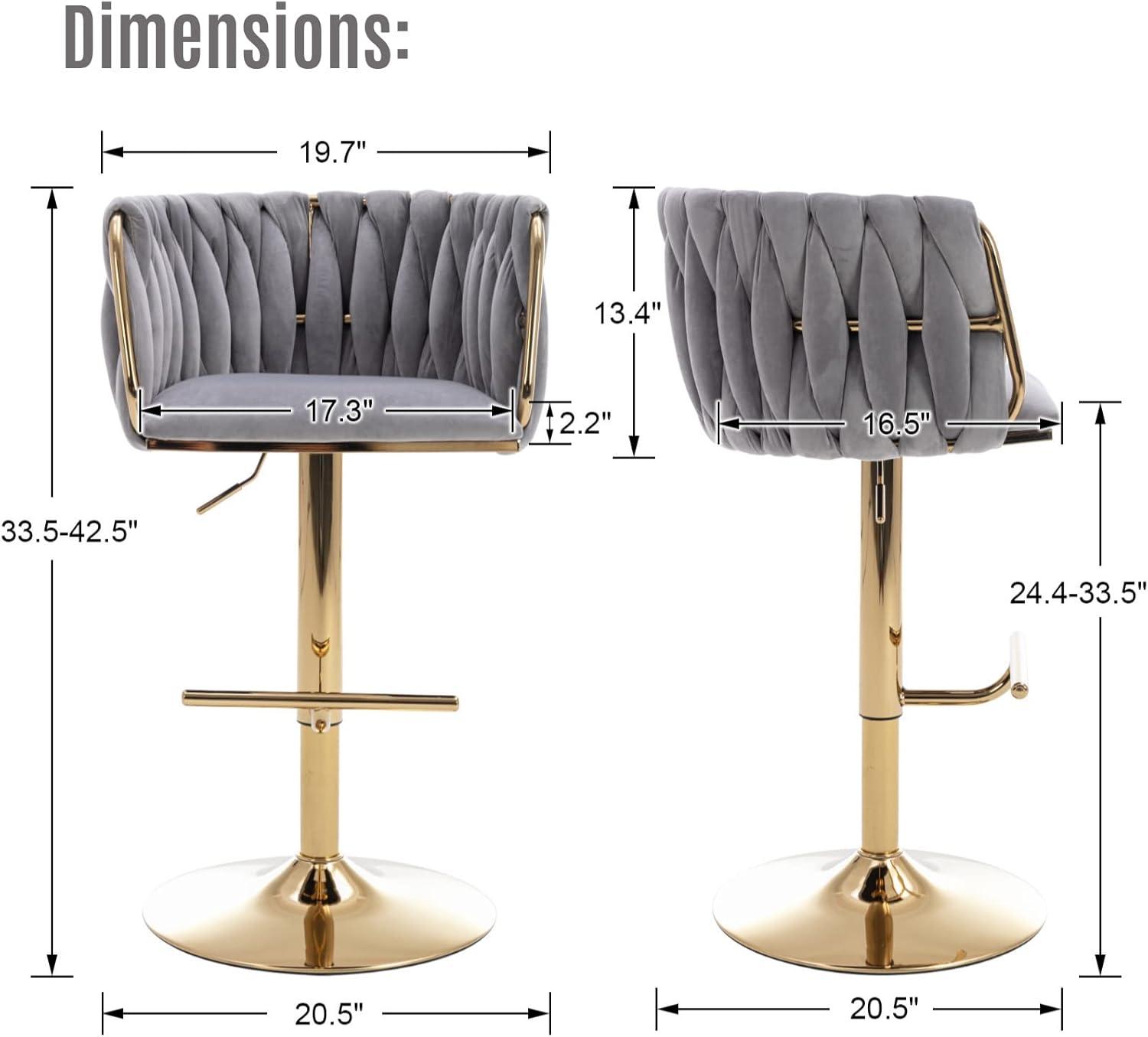 Velvet Bar Stools Set of 2, Counter Height Bar Stools with Low Back, Gold Swivel Barstools for Kitchen Island, Bar Pub (Grey)