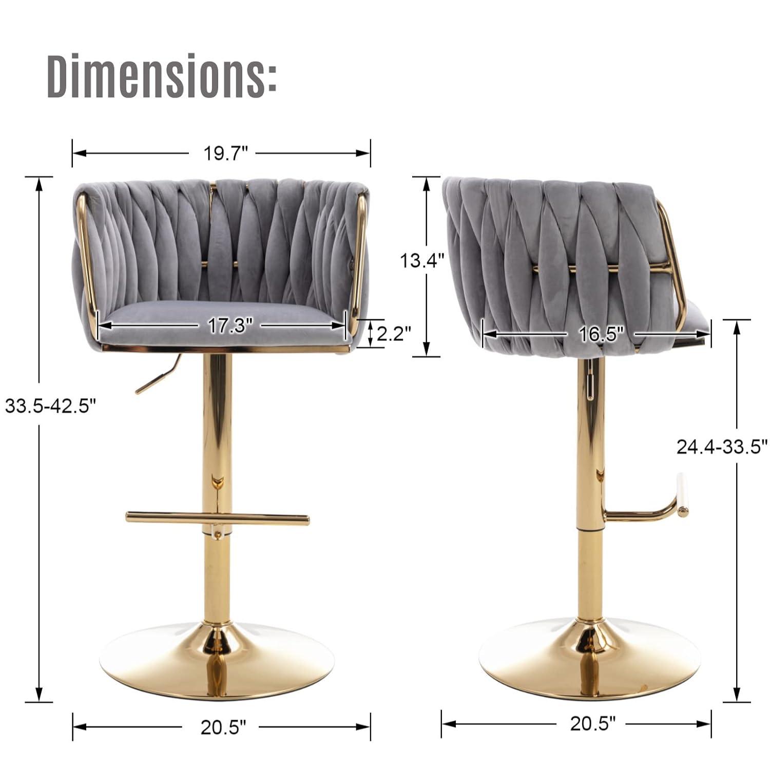 Velvet Bar Stools Set of 2, Counter Height Bar Stools with Low Back, Gold Swivel Barstools for Kitchen Island, Bar Pub (Grey)